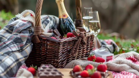 Romantic picnic with strawberries, chocolates, and champagneの素材