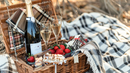 Champagne and strawberries in picnic basketの素材
