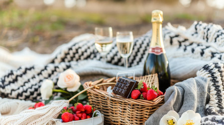 Strawberries and champagne on blanketの素材