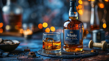 Whiskey bottle next to glassの素材
