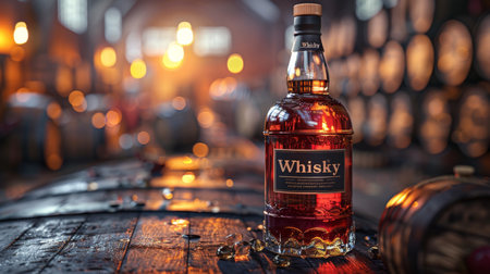 Whiskey bottle on wooden barrelの素材