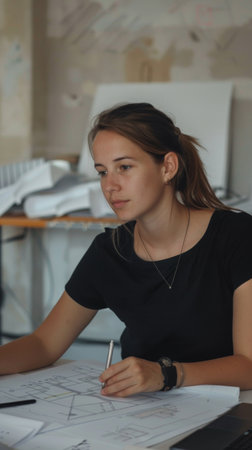 Woman working at desk with laptop computerの素材