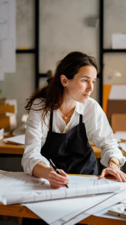 Woman sitting at desk writingの素材