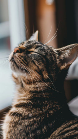 Close up of cat looking out windowの素材