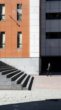 Man walking next to tall buildingの素材