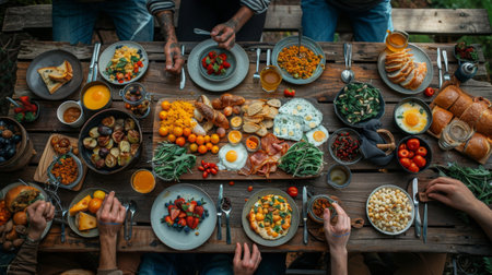 People gathered around wooden table with foodの素材