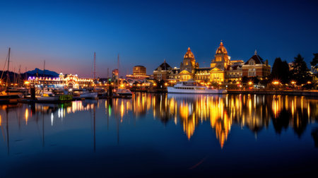 Boats filled harbor nightの素材