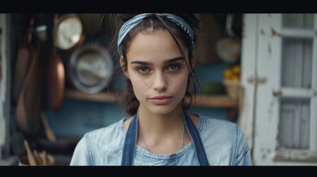 Young girl wearing blue headband looking at cameraの素材