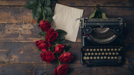 Vintage typewriter with red rosesの素材