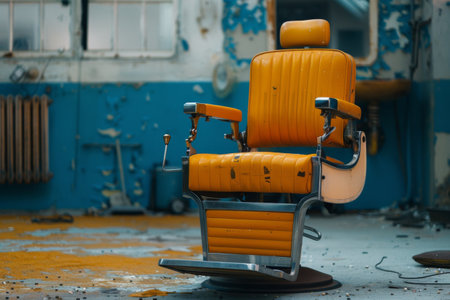 Abandoned barber chair in a dilapidated shopの素材