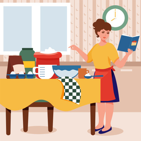 Woman cooking a cake in the kitchen. Cooking food according to the recipe. Cooking at home.のイラスト素材