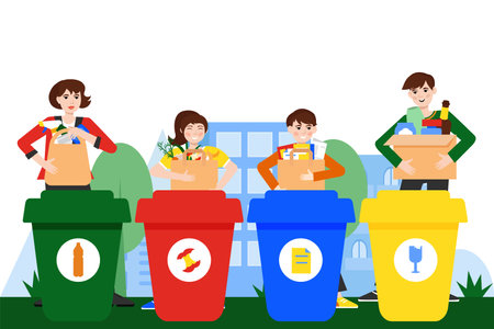 Sorting garbage. Family with sorted garbage near garbage cans on white background. Ecology and recycle concept.のイラスト素材