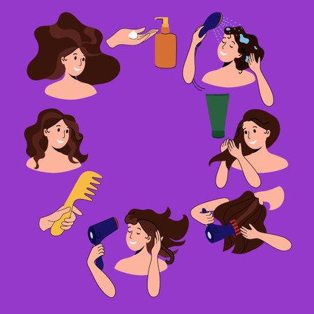 Curly hair styling. Steps to make your hair look better, use gel and hair cream, hair dryer. Beauty secrets.のイラスト素材