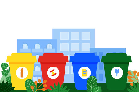Sorting garbage. Red, blue, yellow and green garbage cans on white background. Ecology and recycle concept.のイラスト素材