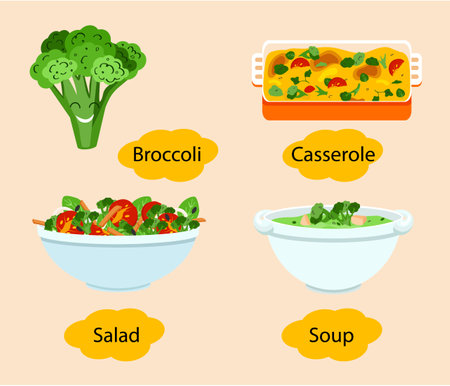 Broccoli dish. Soup in white bowl and tasty casserole with broccoli and cheese, salad with broccoli and cherry tomatoes.のイラスト素材