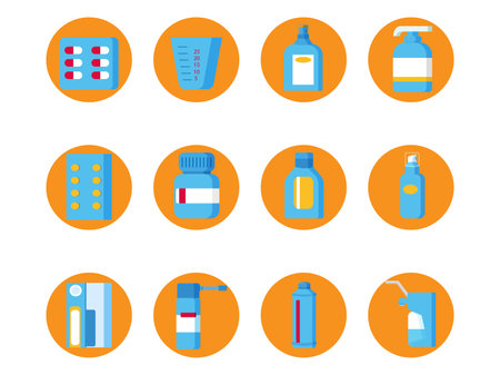 Sanitizer, medicine bottle with medicines, spray and measuring cup. Bottles for drugs, tablets, capsules, prescriptions and vitamins icons set. Vector illustration on white backgroundのイラスト素材