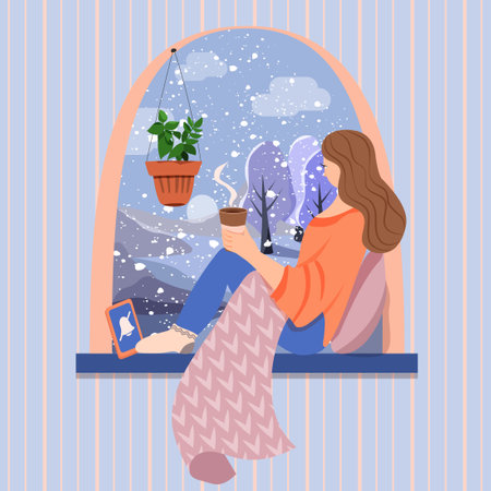 Winter window, snowy weather. Woman is sitting on the windowsill with a warm blanket and holding coffee in her hands. Flat vector illustrationのイラスト素材