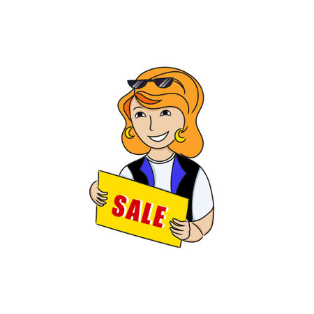 Woman with sale banner in her hand. Fashion shopping. Sale on the hanging tags. Vector illustrationのイラスト素材