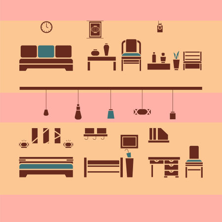 Brown and green furniture icons set with bed, lamp, sofa, chair, decor and table. Vector illustrationのイラスト素材