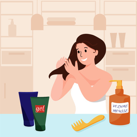 How to take care of your hair, steps to make your hair look better, use gel and hair cream, hair style. Beauty secrets. Vector illustration.のイラスト素材