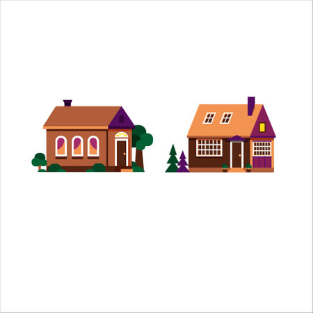 Retro flat village house illustration in brown colors, isolated on white background. Flat vector illustration.のイラスト素材