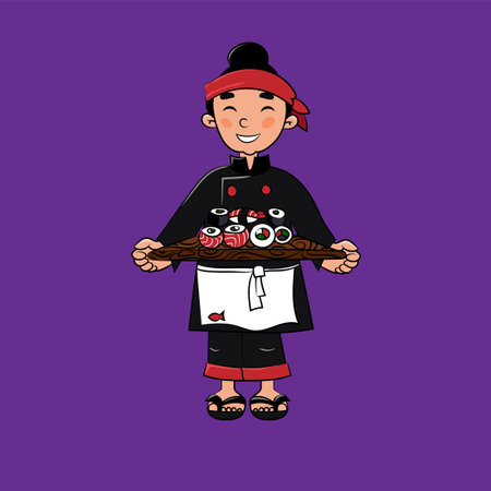 Sushi chef with sushi rolls in his hands. Japanese restaurant. Sashimi. Vector illustration isolated on purple backgroundのイラスト素材