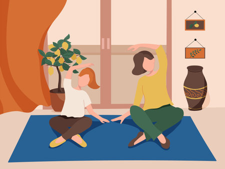 Happy family sport activity at home. Mother and daughter sitting and doing morning exercises, fitness at home. Spend time together. Flat vector illustrationのイラスト素材