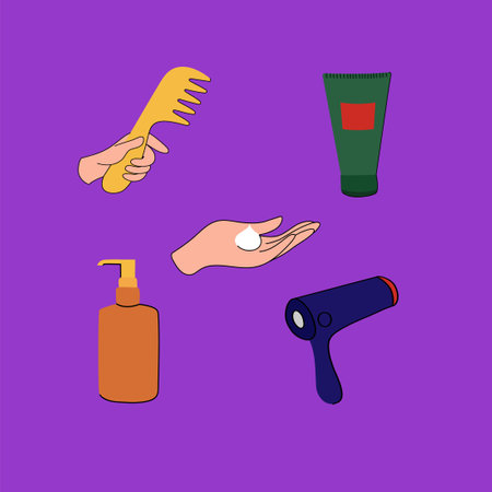 How to take care of your hair and style hair, steps to make your hair look better, use gel, brush and hair cream, hair dryer. Beauty secrets. Vector illustration.のイラスト素材