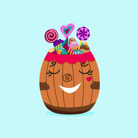 Sweets and candies in cute wood barrel. Cartoon vector illustrationのイラスト素材