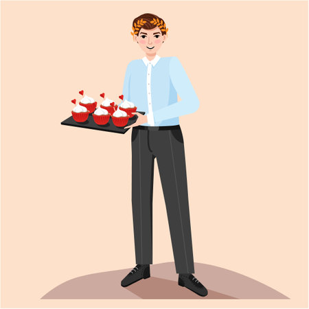 Man in the kitchen cooking cap cakes for his girlfriend. Valentine's day surprise. Flat vector illustrationのイラスト素材