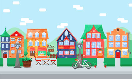 City street with front view houses or cottages. Home facades with doors, windows and balcony in bright color, street lights, retro bike. Flat vector illustration in cute style.のイラスト素材