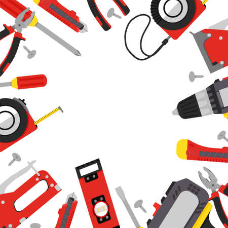 Building tools in red, gray and yellow colors. Repair hand tools screwdriver, furniture stapler, wrench, pliers, tape measure, level. Vector illustration flat styleのイラスト素材