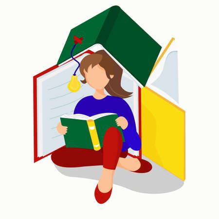 Girl is reading a book sitting on the floor.のイラスト素材