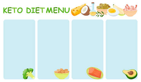 Keto diet menu. Coconut, broccoli, avocado, salmon and shrimp, almond and olive. Vegetables and nuts with good fats. Vector illustration.のイラスト素材