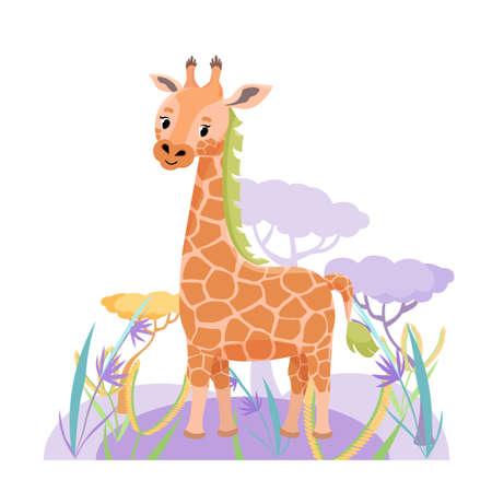 Cute giraffe in Savanna with flower and grass on white background. Vector illustrationのイラスト素材
