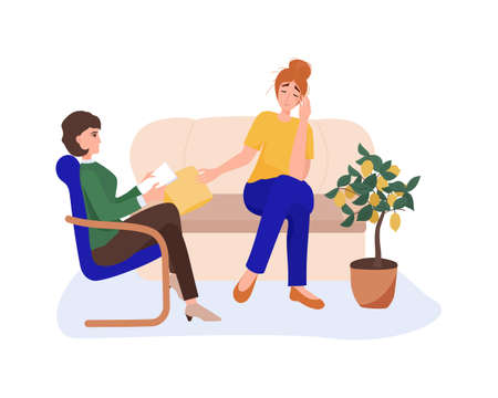 Psychological help. Young woman consulting psychologist. psychiatrist writing notes. Vector illustrationのイラスト素材