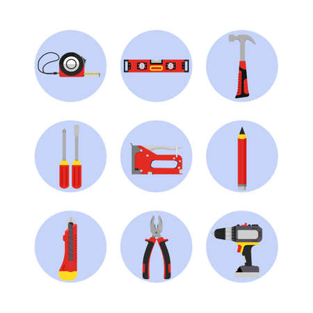 Building tools icons on white background. Repair hand tools screwdriver,furniture stapler and...