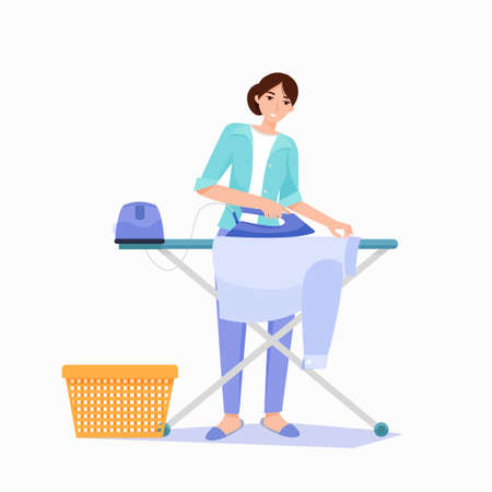 Steam generator. Woman irons a shirt on an ironing board.のイラスト素材
