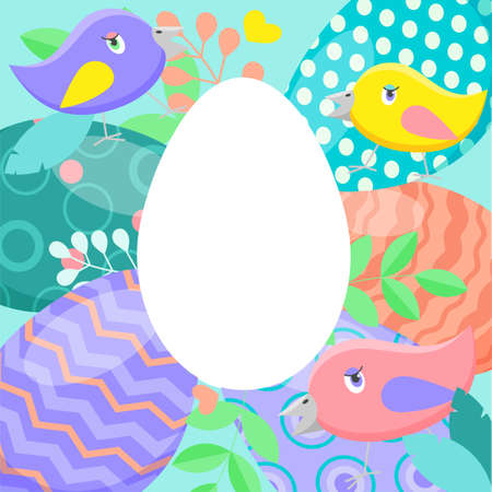 Easter vector card, eggs in bright colors and cute birds.
