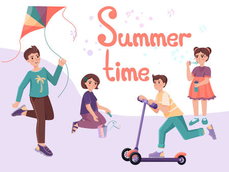 Cute kids playing outdoor. Boys and girls. Summer activities.のイラスト素材