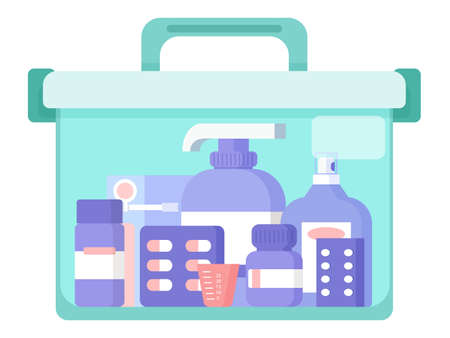 First aid kit box with medicines. Medical equipment and medications.のイラスト素材