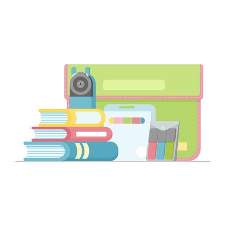 School supplies: markers, crayons, folder, sharpener and books in cute colorsのイラスト素材
