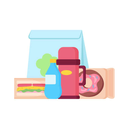School lunch bags and trays with sandwiches, fruits and donut, water bottle. Vector illustrationのイラスト素材