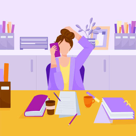 Woman in office work place. Stress at work. Busy time of businesswoman in hard working.のイラスト素材