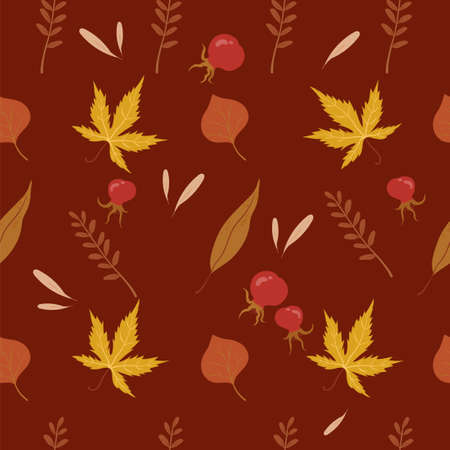 Autumnal leaves and rosehip pattern. Autumn background.のイラスト素材