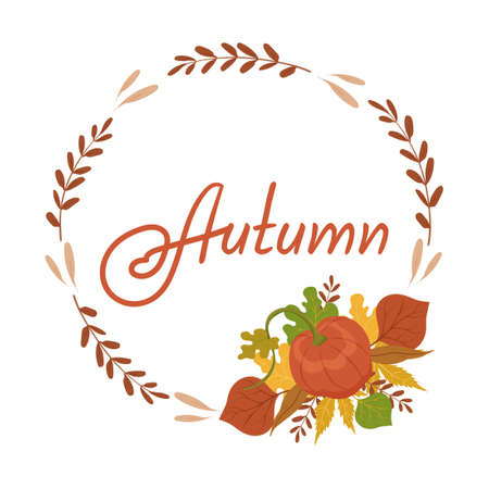 Autumn composition. Card with hand drawn leaves and beige frame. Modern card cute colorsのイラスト素材