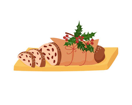 Christmas stollen with holly. Festive treat hand drawn styleのイラスト素材