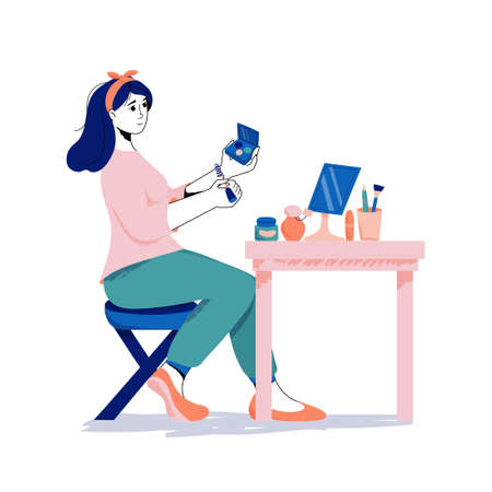 Beautiful woman character doing make up. Vector flat cartoon illustrationのイラスト素材