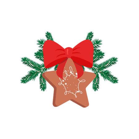 Hand drawn wreath with red bow and gingerbread. For Christmas cards and winter design.のイラスト素材