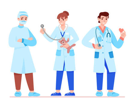 Doctors frontline character. Cardiologist, pediatrician and surgeon.のイラスト素材